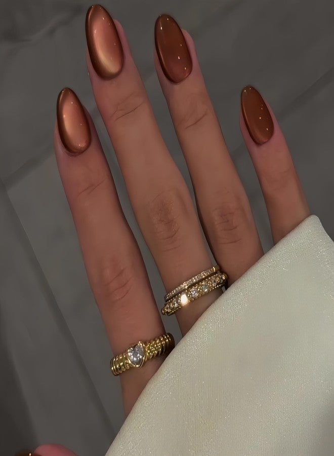KQueenest Cat Eye Press on Nails Short Oval, 30 Pcs Light Brown Fake Nails Extra Short Round, Glitter Glass Glue on Nails Almond, Reusable Shiny Chrome False Nails for Women Fall Winter, Small Sizes - Image 3